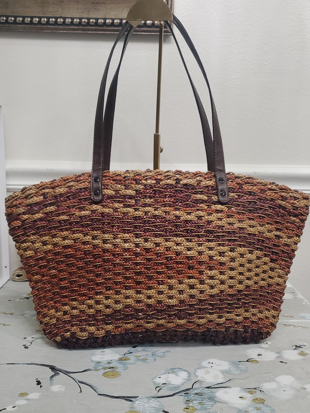 Woven Straw Tote Bag in Brown & Tan with Leather Straps